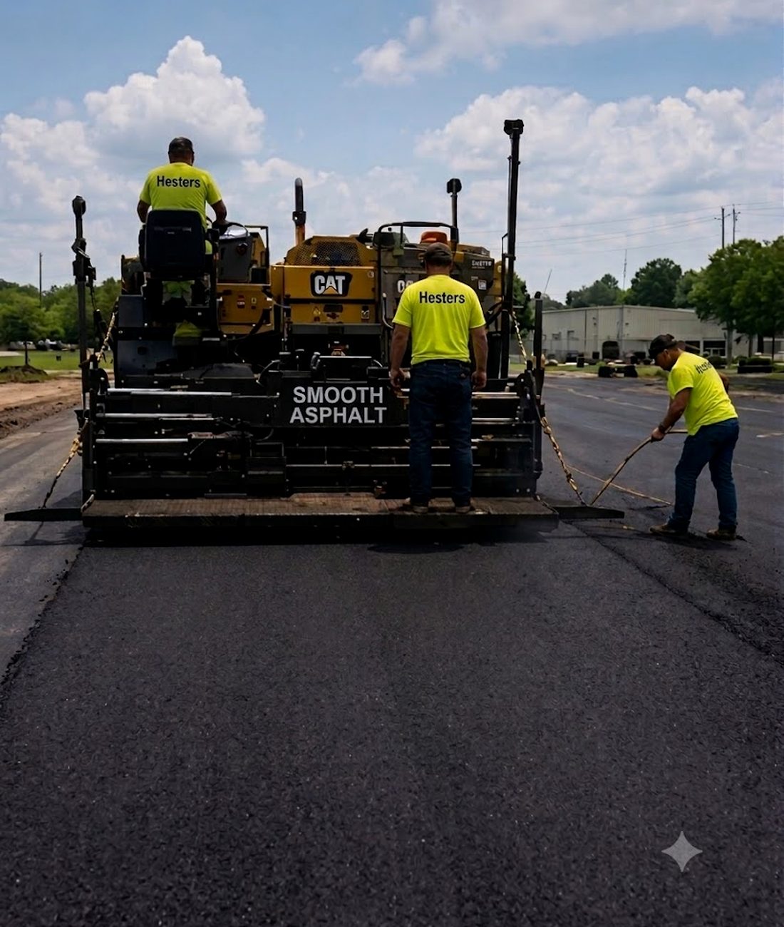 An asphalt crew at work on a fresh black surface