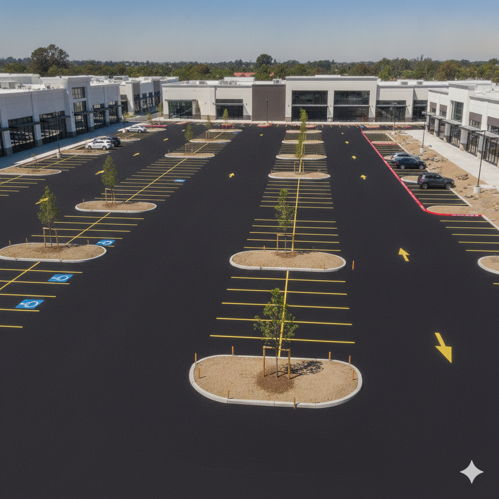 Finished sealcoated parking lot with fresh yellow striping