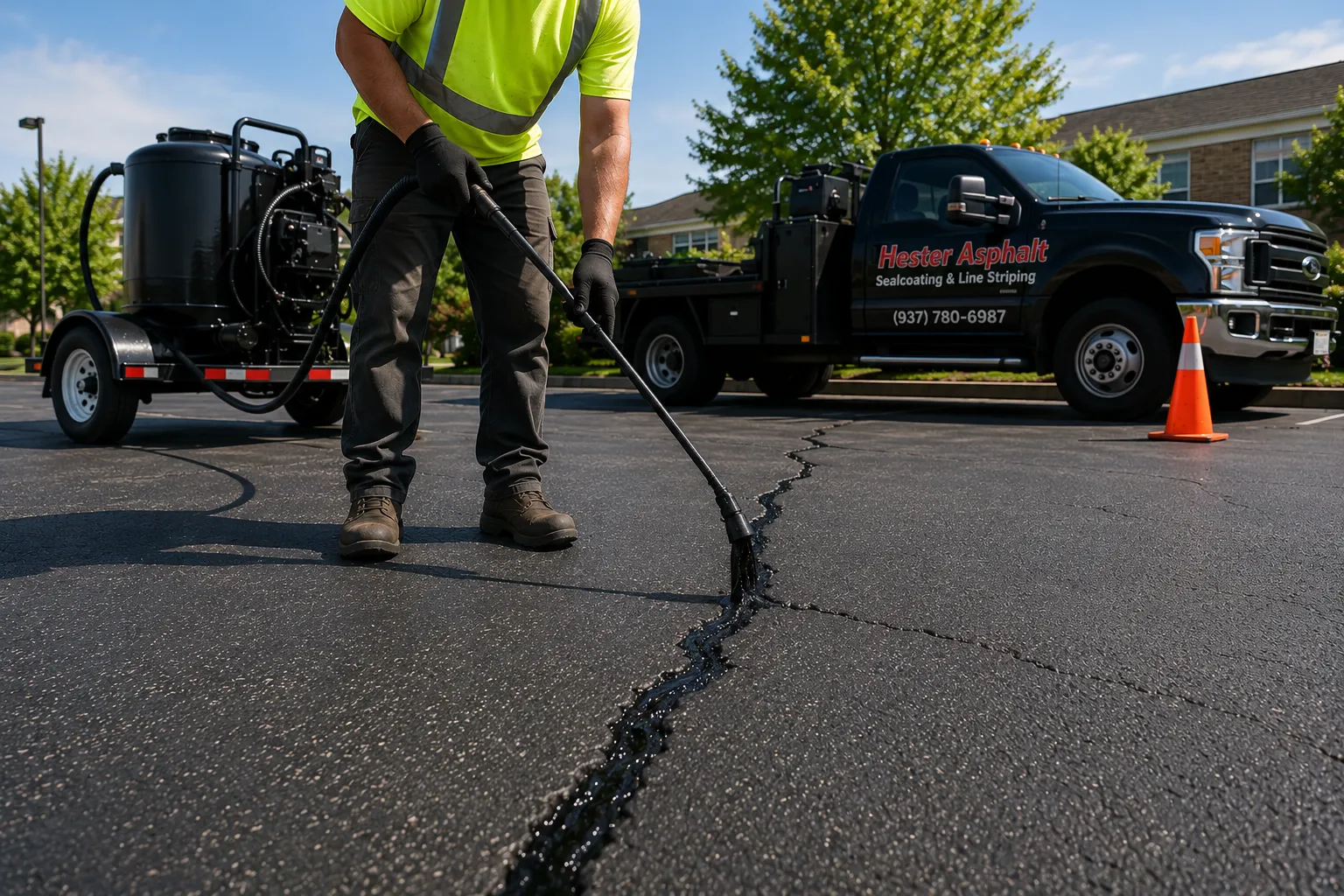 Hester Asphalt technician filling a pavement crack with hot rubberized sealant