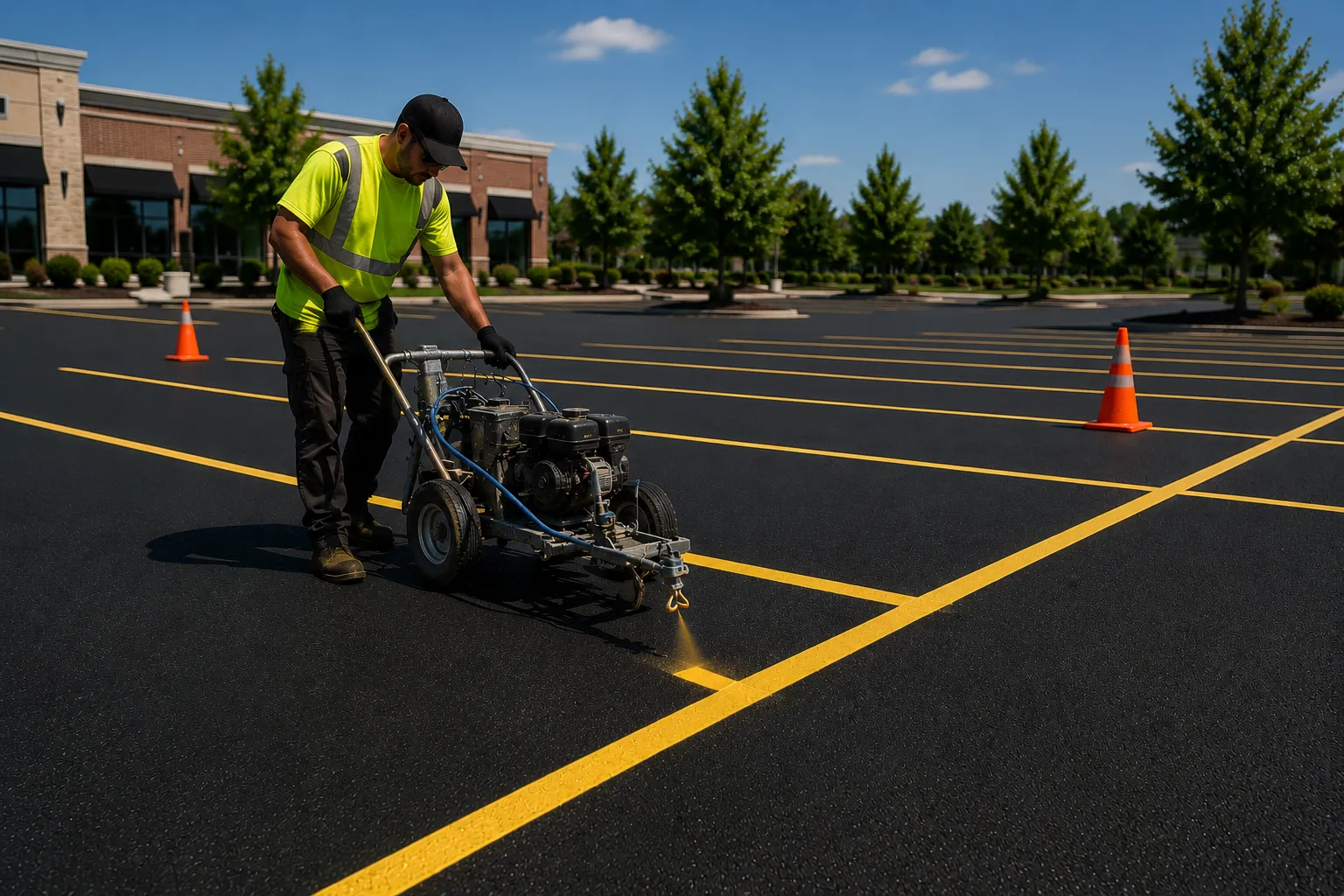 Hester Asphalt crew painting fresh yellow stall lines on a commercial parking lot