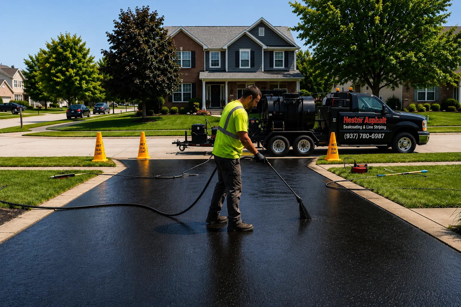 Hester Asphalt crew sealcoating a residential driveway