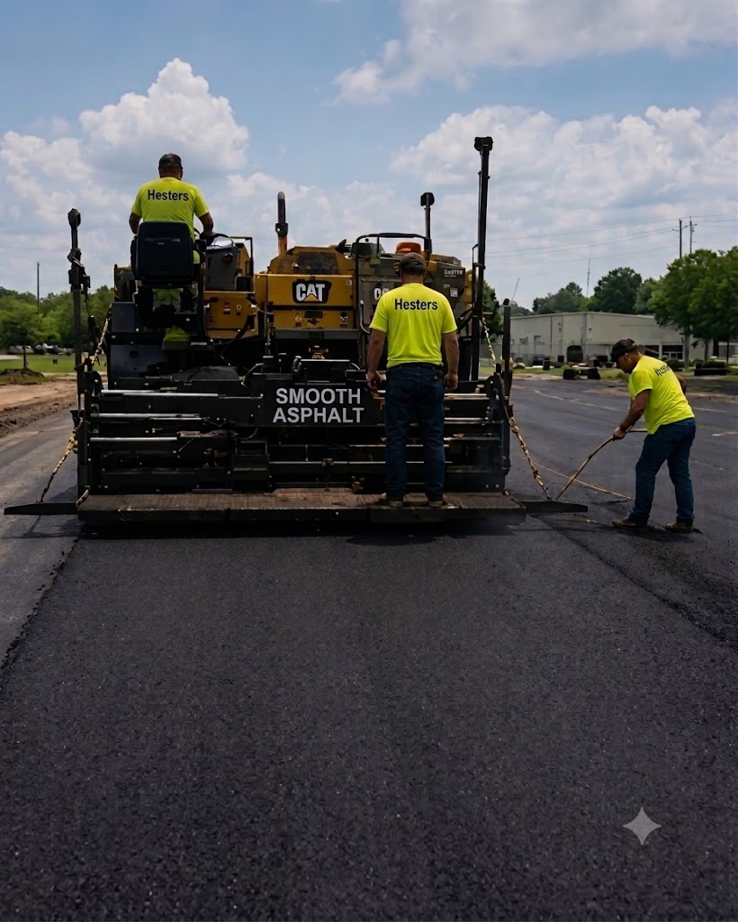 Asphalt crew at work on a black surface
