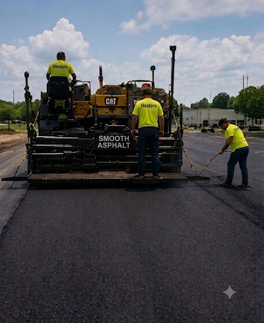 Asphalt crew working a fresh black surface