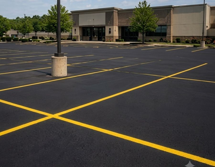 After: finished sealcoated parking lot with fresh striping